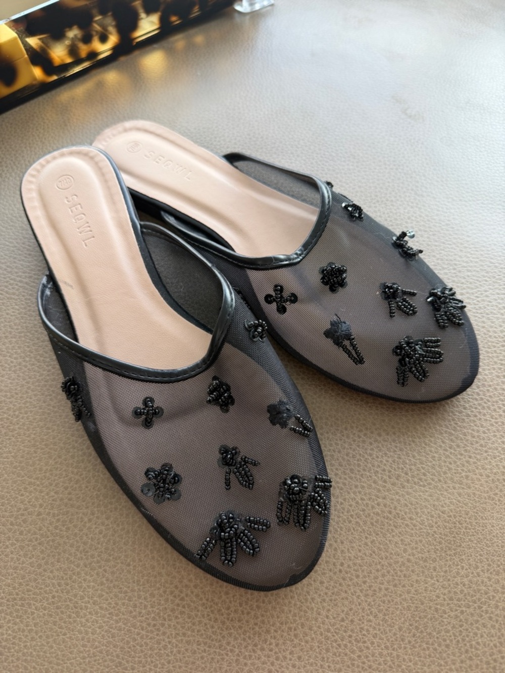 NEW - Black Mesh Beaded Mules - Size 9